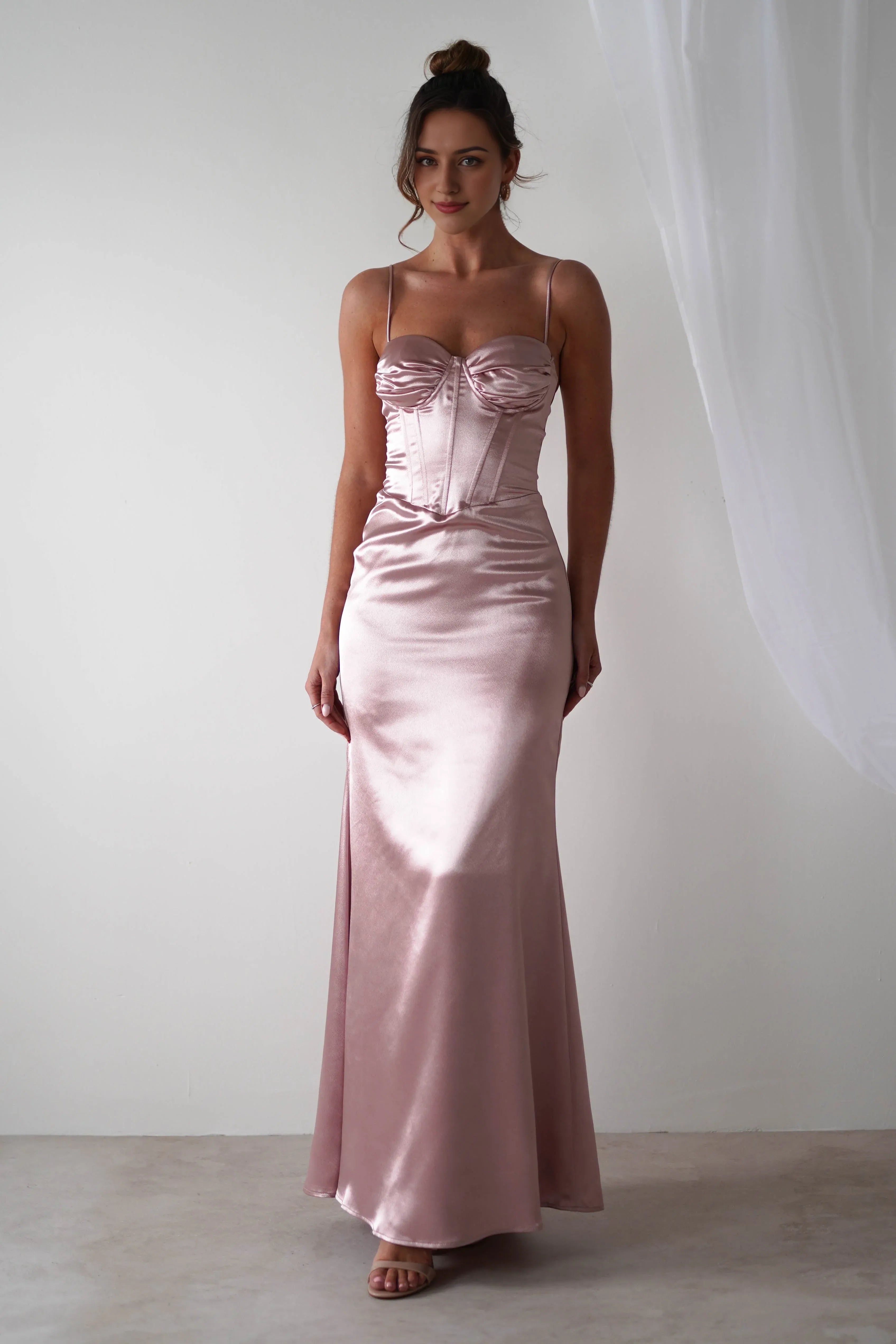 Robe Weitese en satin rose, sans manches, corset, bretelles spaghetti, élégante, robe de bal sirène